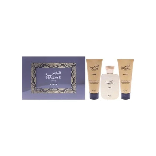 רסאסי סט הוואס וייפר - Rasasi Set Hawas Viper 100ml E.D.P + Shower Gel 100ml + Face and Beard Wash 100ml - בושם לגבר מקורי - בקבוק ואריזה